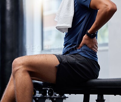 Buy stock photo Back pain, fitness and man at gym for training, health and workout while suffering injury, arthritis and sport injury from weightlifting. Backache, exercise and guy at sports center with inflammation