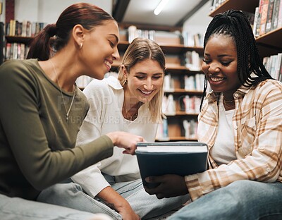 Buy stock photo Student, friends and book in school library for education, learning or knowledge together at university. Students smile for book club, books or information for research assignment or group project