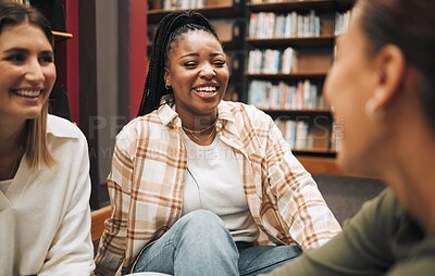 Buy stock photo Library, study and diversity students in group project, education and learning for communication, network and support. Happy, studying and university student or friends talk of research on bookshelf