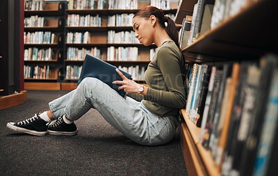 Buy stock photo Book, reading and library student on floor with learning, education and research for school, university or college with inspiration. Bookshelf, Bible study history and a woman on ground reading book