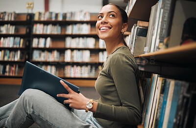 Buy stock photo Student, thinking and reading books library floor for knowledge, college education and research planning. University bookshop, young girl learning and happy vision for  scholarship or study for exam