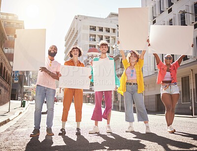 Buy stock photo Mockup, diversity and young people protest, city and human rights for equality, social change and smile. Portrait, friends and march for support, solidarity and community with happiness and in street