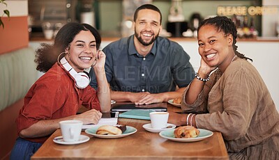 Buy stock photo Business meeting, cafe and portrait of web design consultation group with a smile. Working, planning and diversity of creative team consulting on a social media strategy for startup company growth