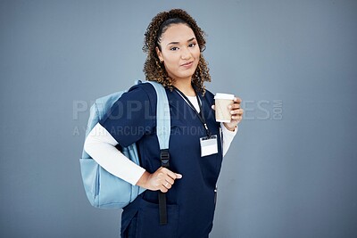 Buy stock photo Nurse, portrait or backpack for medical student, hospital internship or medicine university on isolated wall mockup. Smile, happy or doctor and coffee, ideas or healthcare goals  for woman learning