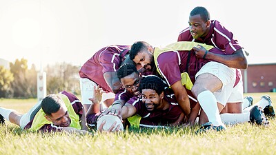 Buy stock photo Sport, team and rugby by men in training, tackle and workout match at sports field outdoors. Diversity, man and group with ball for game, challenge or performance, competitive and physical fitness