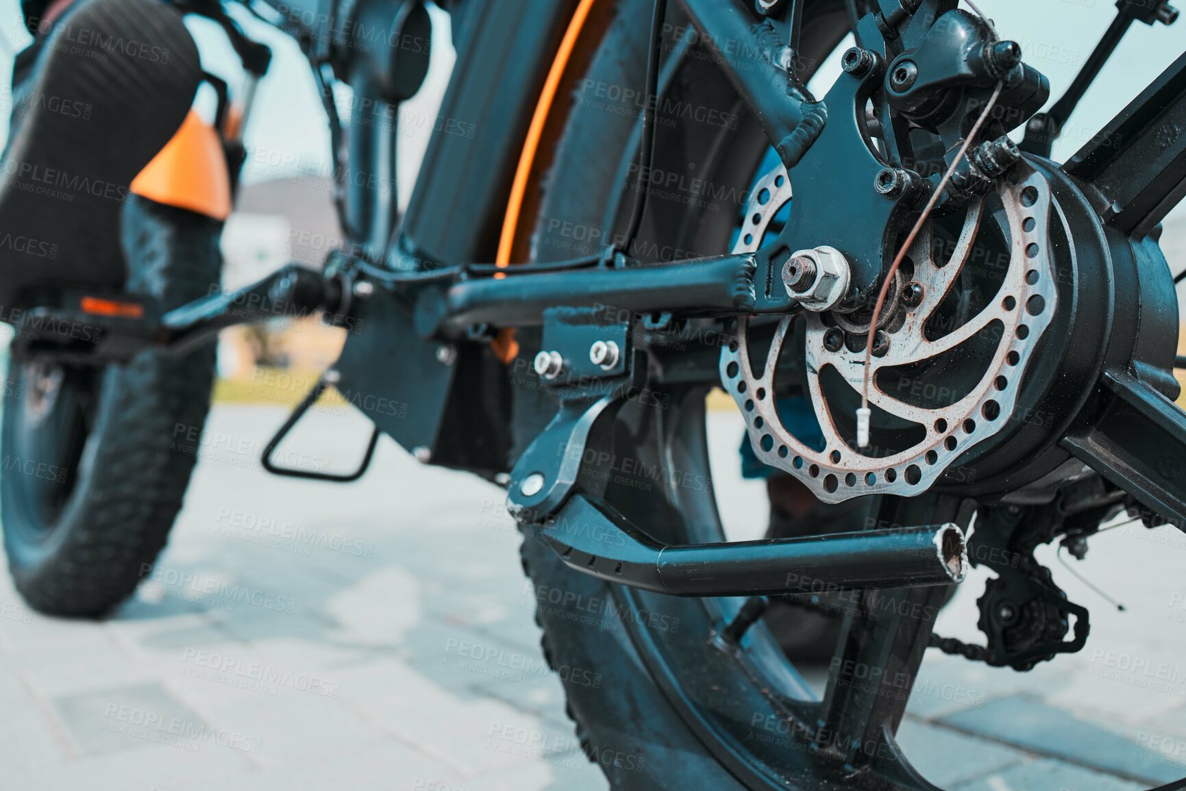 Buy stock photo Gear, metal or electrical bike wheel in city transportation, future clean energy or sustainability cycling travel. Zoom, ebike or eco friendly bicycle and equipment, part or electricity battery motor