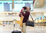Father, travel and piggyback girl at airport, laughing at comic joke and having fun together. Immigration flight, adoption care and happy man carrying foster kid or child at airline, bonding or smile