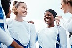 Netball, happy women or sports group with team building, funny conversation and support for training or practice. Athlete friends, people or gen z excited for outdoor game in diversity circle talking