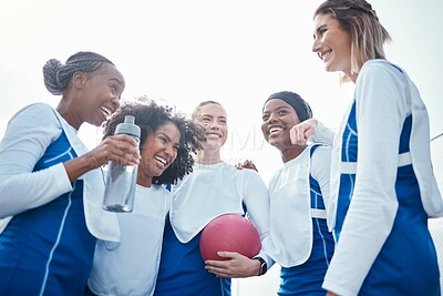 Buy stock photo Happy netball team or group of woman with funny sports conversation and discussion of training or practice. Athlete friends, people or gen z laughing, talking and excited for game in diversity