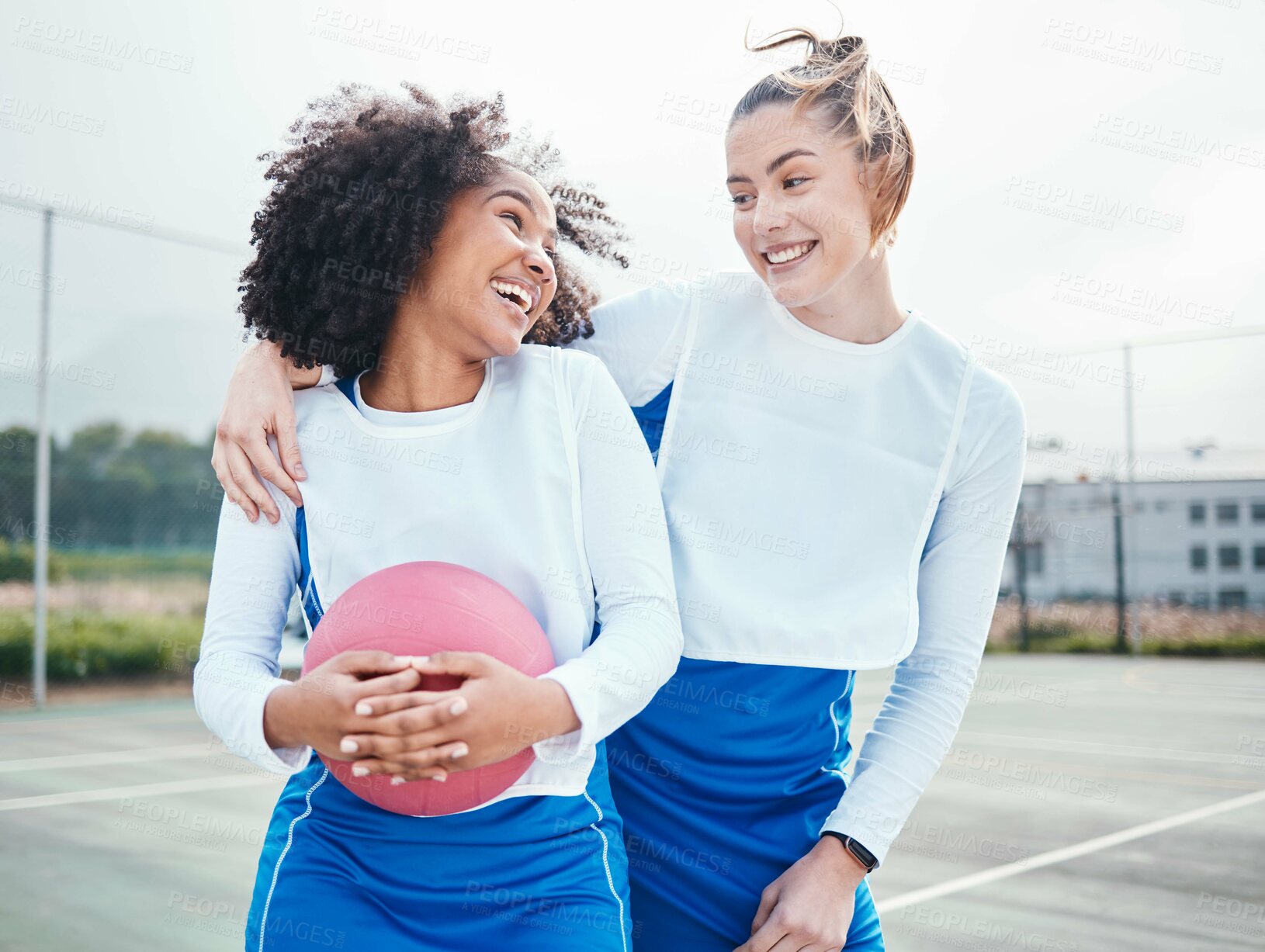 Buy stock photo Fitness, netball and women on court, conversation and excited for match, teamwork and training. Friends, athletes and players with ball, planning for game and discussion for workout and practice