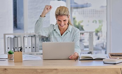 Buy stock photo Woman, laptop and celebration for winning, promotion or reading good news at office desk. Happy female winner by computer raising fist and celebrating win, discount or sale for victory or achievement