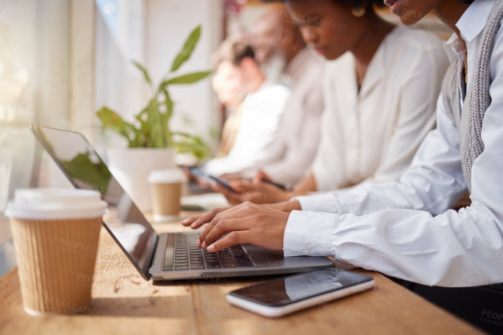 Buy stock photo Business people, coworking space and hands on laptop, online and communication technology in office. Advertising, marketing or internet, search or feedback by women and men writing review or proposal