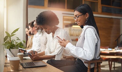 Buy stock photo Team, coworking space and business people on laptop, phone and communication technology in office. Advertising, marketing or internet, search or feedback by women and men writing review or proposal