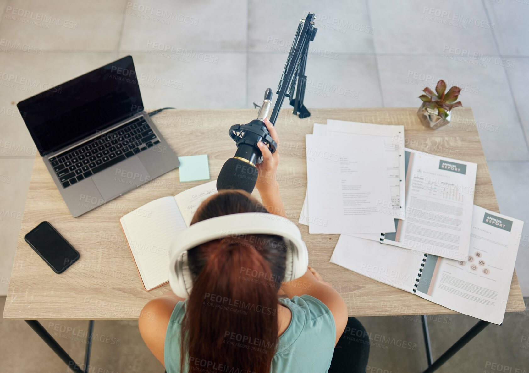 Buy stock photo Microphone, laptop and woman on podcast from above for live stream, media broadcast or webinar. Streaming, influencer or content creator with mic, elearning and networking online class in home office