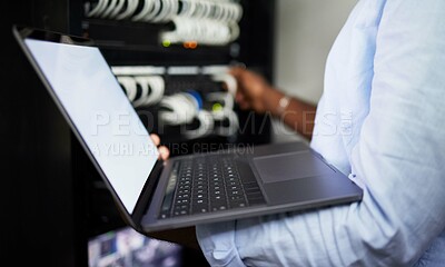 Buy stock photo Server room, laptop and IT technician man with internet connection for software programming. Male engineer person with technology for cybersecurity, problem solving or system update in data center