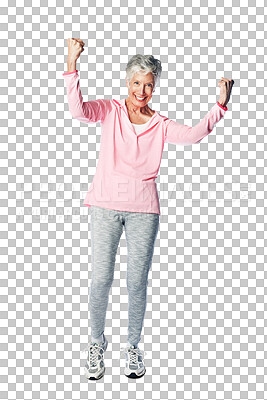 Buy stock photo Fitness, celebration and portrait of senior woman on isolated, png and transparent background. Health wellness, achievement and excited female person happy with exercise, training and workout results