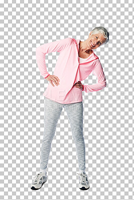 Buy stock photo Portrait, fitness and a senior woman stretching on PNG, isolated on a transparent background for healthy lifestyle. Exercise, smile and active with a happy mature female person doing training warm up