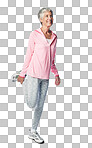Fitness, flexibility and stretching with a woman in retirement ready for exercise on a transparent, png background. Leg warmup, exercise and senior female athlete ready for sport training