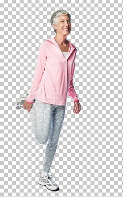 Buy stock photo Isolated senior woman, fitness or stretching legs for muscle development, exercise or vision with smile. Elderly lady model, happiness or warm up wellness in retirement by transparent png background