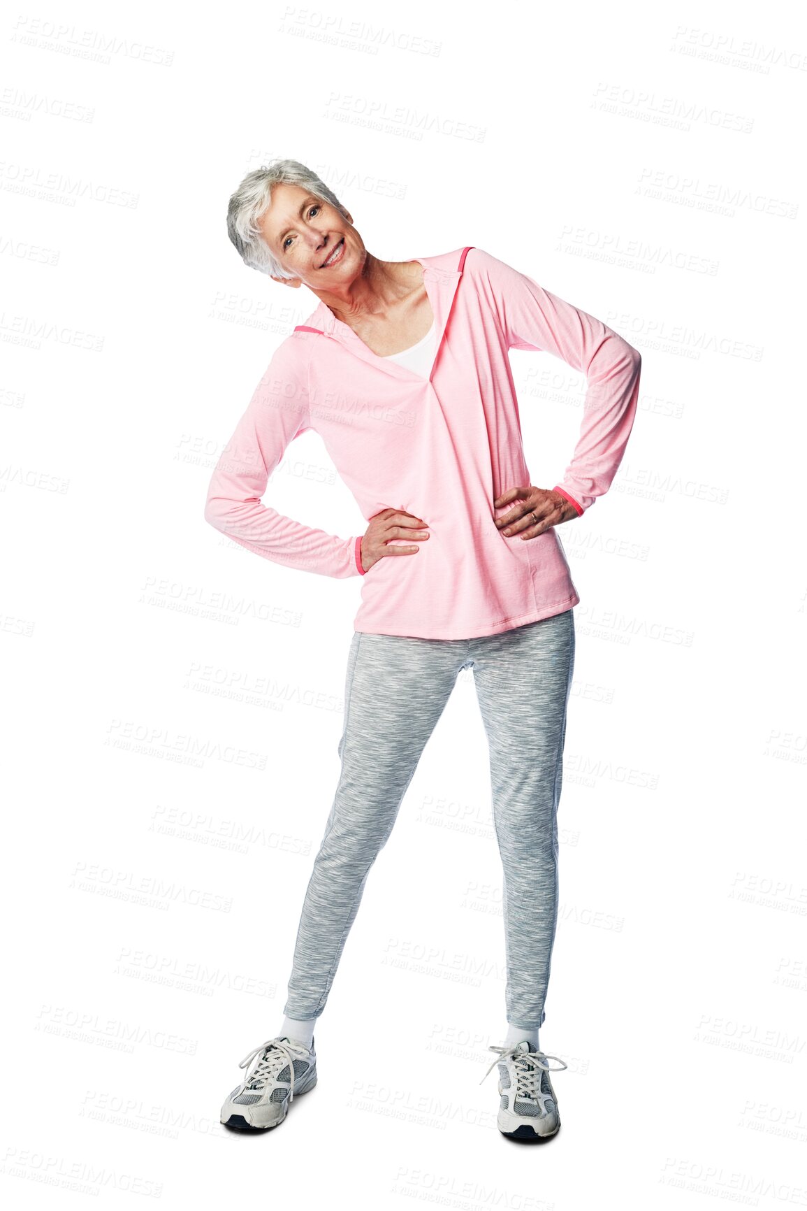 Buy stock photo Portrait, exercise and a senior woman stretching on PNG, isolated on a transparent background for healthy lifestyle. Fitness, smile and active with a happy mature female person doing training warm up