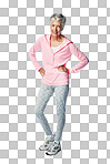 Portrait, fitness and senior woman ready for a training workout while isolated on a transparent, png background. Sport, athlete and active mature female exercising for health and wellness