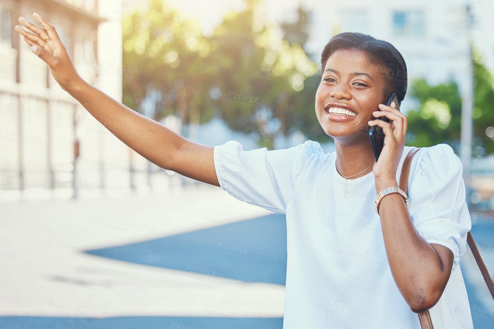 Buy stock photo Phone call, wave and taxi with a black woman in the city during a summer commute on the street or sidewalk. Mobile, travel and transport with a happy young person outdoor on a road in an urban town