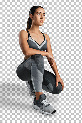 Buy stock photo Fitness, thinking and woman with focus for workout on isolated, png and transparent background. Sports clothes, wellness and serious female athlete kneeling for exercise, training and healthy body