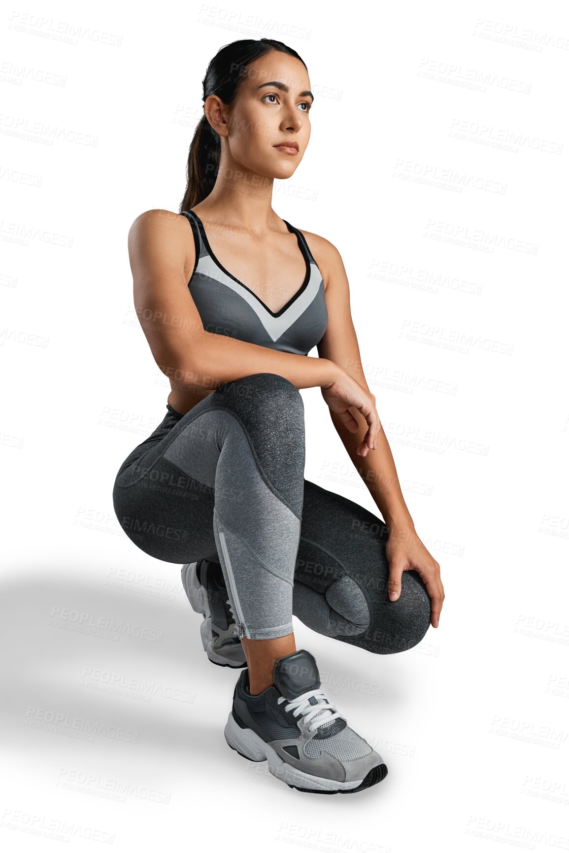 Buy stock photo Fitness, thinking and woman with focus for workout on isolated, png and transparent background. Sports clothes, wellness and serious female athlete kneeling for exercise, training and healthy body
