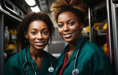 Buy stock photo Group of paramedic staff posing for photo in ambulance. Group portrait. Medical staff concept.