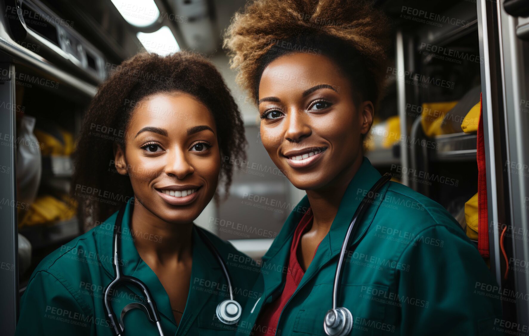 Buy stock photo Group of paramedic staff posing for photo in ambulance. Group portrait. Medical staff concept.
