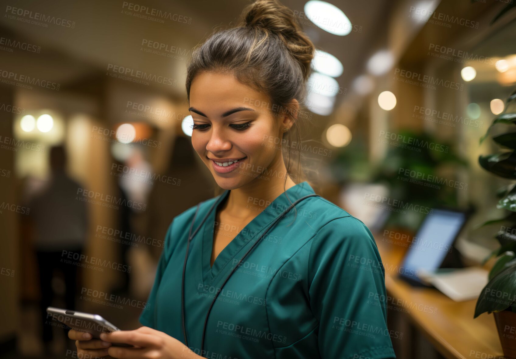 Buy stock photo Happy young nurse posing in hospital reception. Phone in hand. Medical concept.