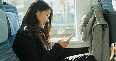 Buy stock photo Bus, travel and woman with a smartphone, smile and Japanese with commute, social media and connection. Person, transportation and girl with cellphone, mobile user and typing with communication or joy