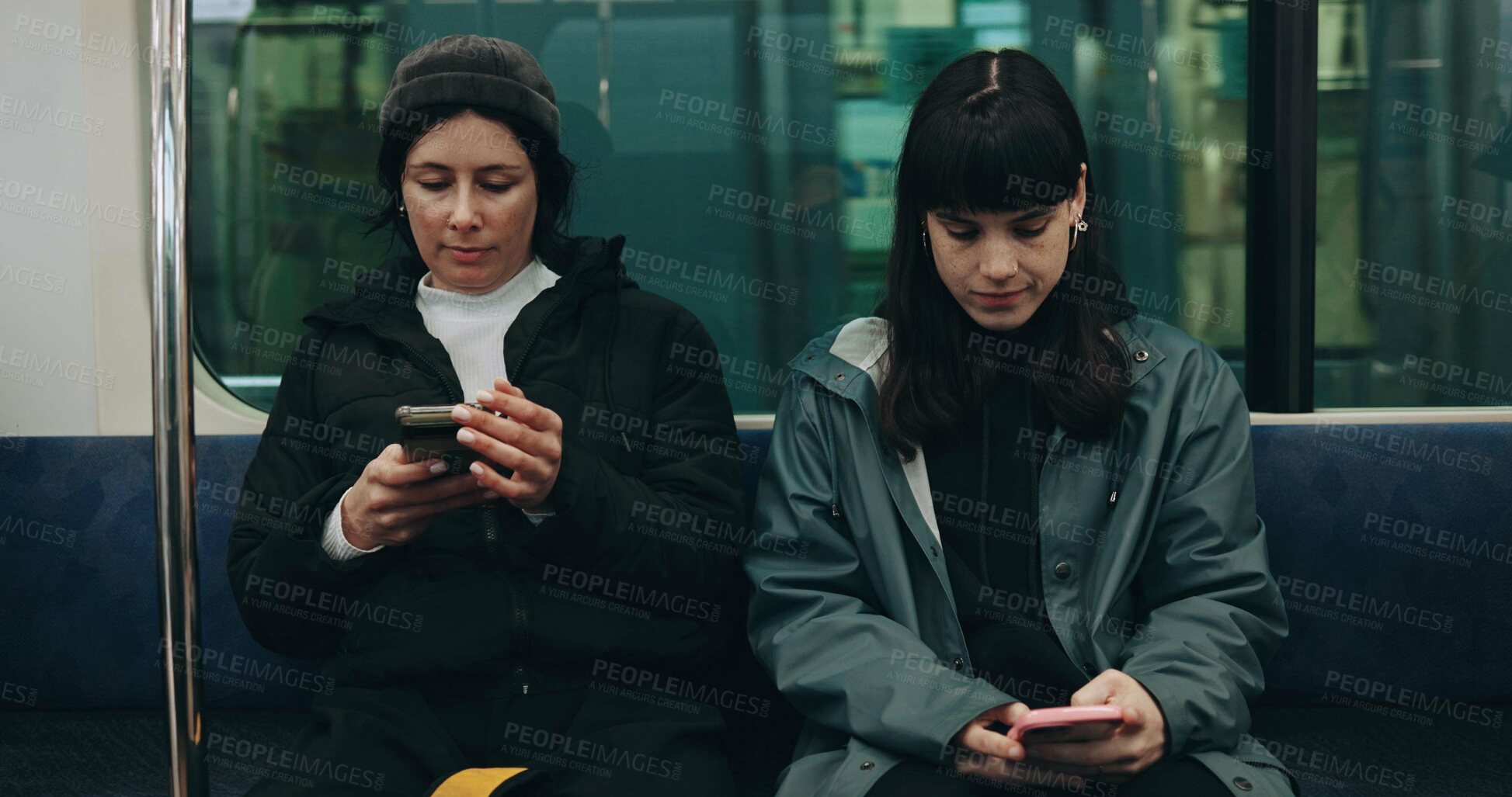 Buy stock photo Women, travel and train with friends, smartphone and relax with digital app, online chatting and social media. Search internet, transportation and people with cellphone, website information or typing