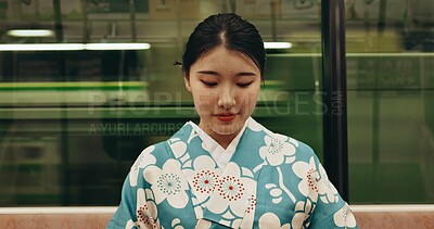 Buy stock photo Japanese woman, happy and travel by train in kimono and public transport on metro bullet in city. Person, journey or traditional clothes in fast vehicle on weekend or commute in tokyo on adventure