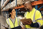 Happy people, warehouse and inventory inspection with clipboard for checklist or storage management. Man, woman or team with smile for stock check in export, import or shipping industry at depot