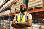 Black man, portrait and smile with confidence in warehouse for logistics, supply chain or storage management. African male person or happy employee with arms crossed in shipping industry at depot