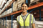 Happy woman, portrait and warehouse with storage in logistics, supply chain or management. Face of young female person or employee with smile in shipping industry, export or import business at depot