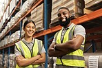 Happy people, portrait and logistics with confidence in warehouse for supply chain or storage management. Man, woman or team of employees with smile and arms crossed in shipping industry at depot