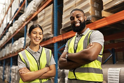 Buy stock photo Happy people, portrait and logistics with confidence in warehouse for supply chain or storage management. Man, woman or team of employees with smile and arms crossed in shipping industry at depot