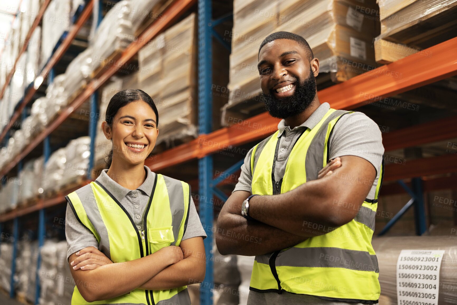 Buy stock photo People, logistics and warehouse with clipboard for inventory inspection or checklist in storage management. Man, woman or team checking stock in shipping industry, export or import business at depot