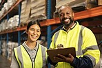 Happy people, portrait and warehouse with clipboard for inventory inspection, checklist or storage management. Man, woman or team with smile in stock check, distribution or shipping industry at depot
