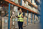 Warehouse, phone call or woman in factory with stock, inventory and cargo for logistics management. Industrial, talking and employee with tablet in supply chain for shipping, freight and e commerce