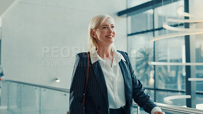 Buy stock photo Thinking, mature and businesswoman walking in hallway, finance convention and speaker for seminar. Asset management, confident and happy person contemplating event, professional and training workshop