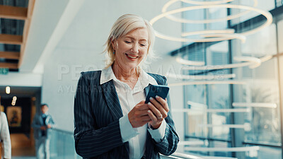 Buy stock photo Office, lobby and business woman with phone for trip, smile and online communication. Travel, mature person and accommodation review with mobile app for schedule, meeting booking and confidence