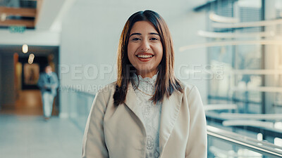 Buy stock photo Portrait, woman or paralegal in office with smile for legal aid, labour law rights or dispute resolution. Happy, person and lawyer in workplace with pride for advocacy, employment equity or about us.