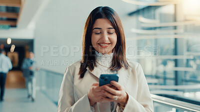 Buy stock photo Office, lobby and woman with phone for reading, business trip and online communication. Travel, female person and accommodation review with mobile app for schedule, meeting booking and confidence