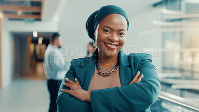 Buy stock photo Portrait, woman and lawyer in office with arms crossed for legal aid, labour law rights and advice. Confident, person and attorney in workplace with pride for advocacy, employment equity or about us.