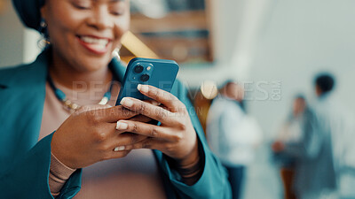 Buy stock photo Office, lobby and hands of woman with phone for reading, business trip and online communication. Travel, person and accommodation review with mobile app for schedule, meeting booking and feedback