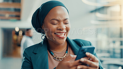 Buy stock photo Office, lobby and woman with phone for smile, business trip and online communication. Travel, female person and accommodation review with mobile app for schedule, meeting booking and networking