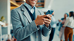 Happy, businessman and hands with phone for social media, online chatting or texting in office. Male person, employee or typing with smile on mobile smartphone for communication or app in workplace